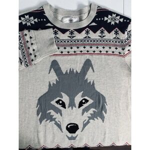 On The Byas Mens Small Gray Navy Red Fair Isle Holiday Graphic Wolf Knit Sweater